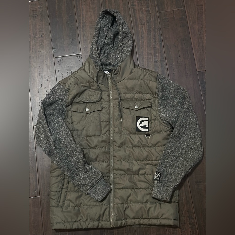 Ecko Unlimited Olive and Gray Hooded Puffer Jacket